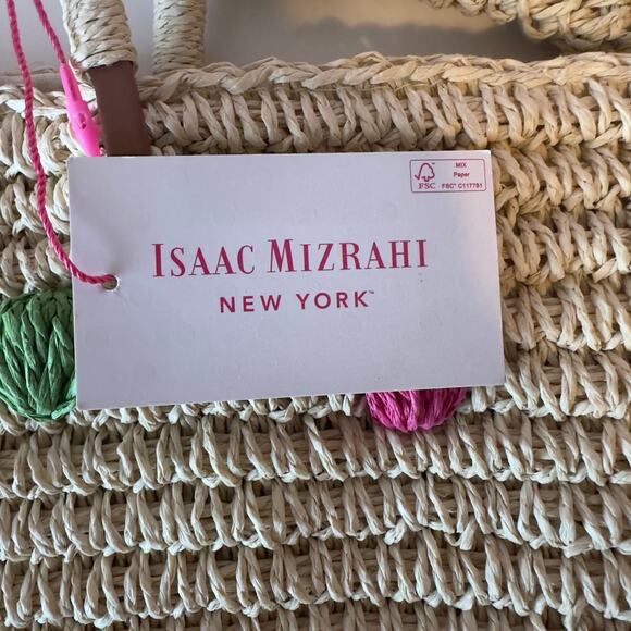 NWT Isaac Mizrahi New York Straw Tote w/ Matching Pouch Pom Poms Beach Vacation - Picture 3 of 6